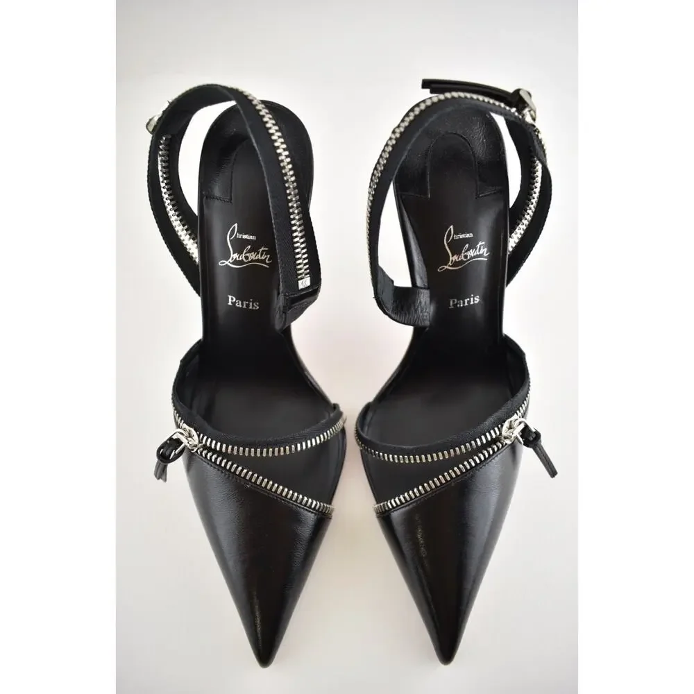 Christian Louboutin Slingyzip 100 Black Leather Zipper Slingback Heel Pump 36